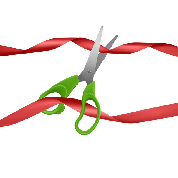 Грандиозное открытие, реалистичные иллюстрации ножниц перережьте красную ленту
 - Вектор,изображение