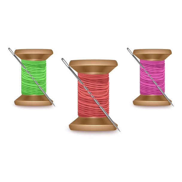 Garnsatz mit Nadel in den Farben rot, grün und lila, Garnspulensatz. Bunte Holzklöppelei. Vektorillustration - Vektor, Bild