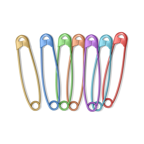 Set of Realistic safety pins for clothes, safety pins of rainbow colors isolated on white, vector illustration - Vector, afbeelding