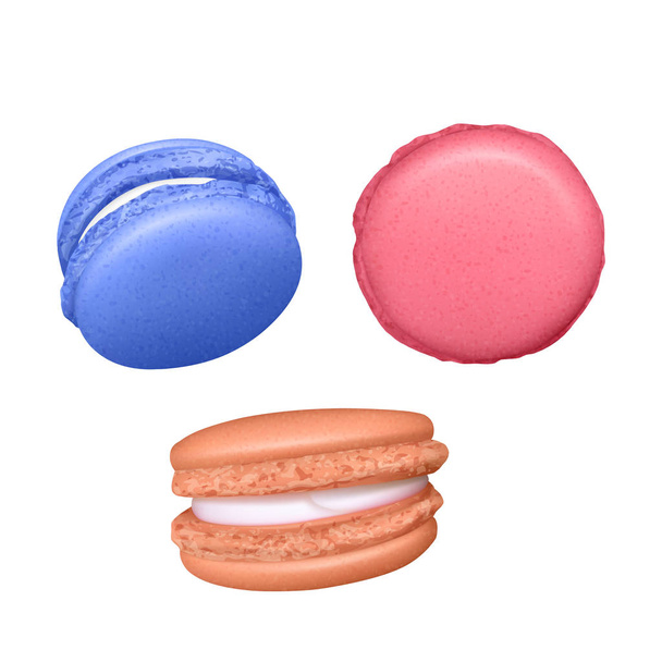 Set Macarons. Realistische smakelijke kleurrijke Franse bitterkoekjes. Geïsoleerd op witte achtergrond, vector illustratie - Vector, afbeelding