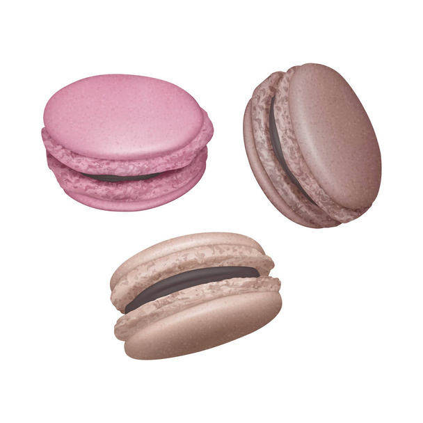 Conjunto de macarrones con relleno de chocolate en diferentes ángulos, macarrones franceses sobre fondo blanco, ilustración vectorial
 - Vector, Imagen