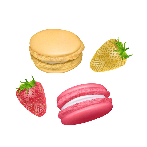 Reihe von Macarons. realistisch schmackhafte farbenfrohe französische Makronen. isoliert auf weißem Hintergrund, Vektorillustration - Vektor, Bild