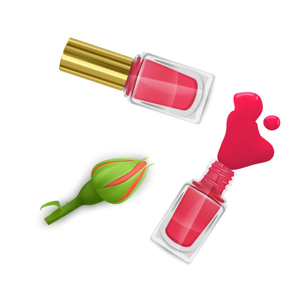 Set of nail Polish of red color on white background, Realistic vector illustration - Vector, Image