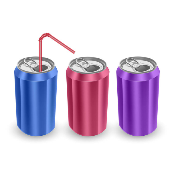 Conjunto de latas de aluminio de colores azul, rosa y púrpura, aisladas sobre fondo blanco. La imagen de la disposición vacía para su diseño, 3D vector Ilustración
 - Vector, Imagen