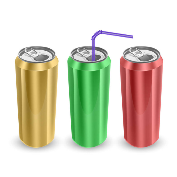 白い背景に隔離された黄色、緑、赤の色のアルミ缶のセット。デザイン用の空のレイアウトのイメージ、3Dベクトルイラスト - ベクター画像