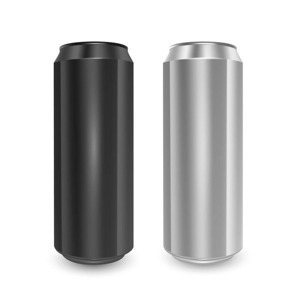 白い背景に隔離された黒と銀の色のアルミ缶のセット。デザイン用の空のレイアウトのイメージ、3Dベクトルイラスト - ベクター画像