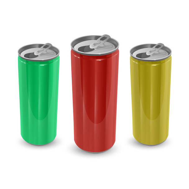 Набор алюминиевых банок желтого, зеленого и красного цветов, изолированных на белом фоне. Изображение пустого макета для вашего дизайна, вектор 3D
 - Вектор,изображение