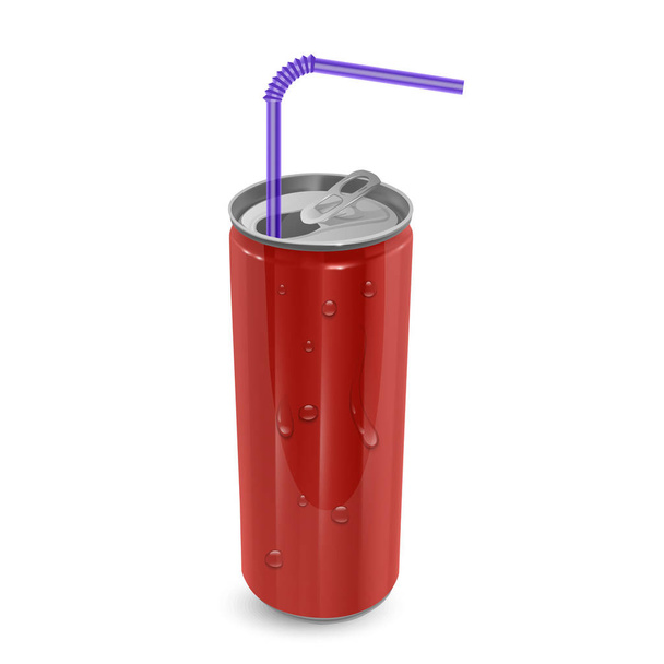 Aluminiumdose auf weißem Hintergrund isoliert, 3D-Vektorillustration das Bild des leeren Layouts für Ihr Design, rote Flasche mit Wassertropfen - Vektor, Bild