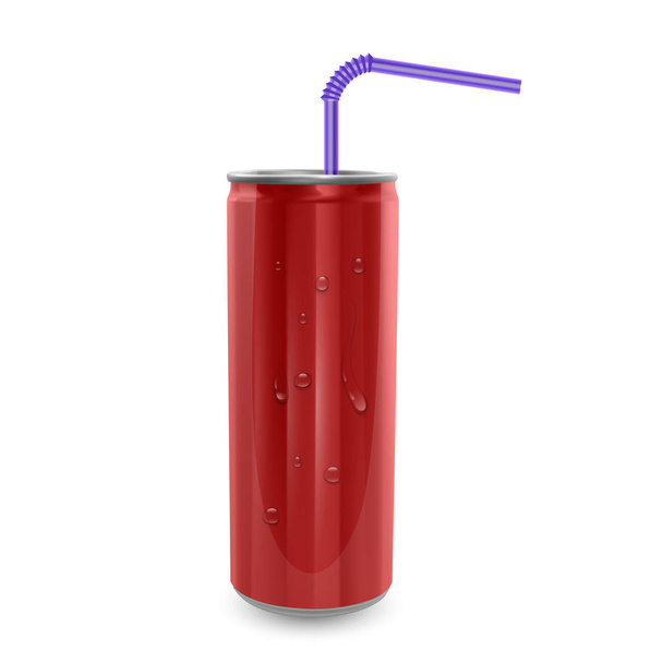 Алюминиевая банка изолирована на белом фоне, 3D векторная иллюстрация Изображение пустой компоновки для вашего дизайна, Красная бутылка с капельками воды
 - Вектор,изображение