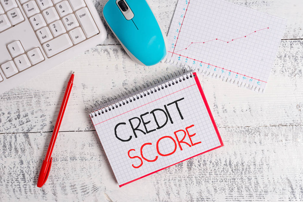 Conceptual hand writing showing Credit Score. Business photo text creditworthiness of an individual based on credit files Wood desk office appliance computer equipaments charts paper slot. - Φωτογραφία, εικόνα