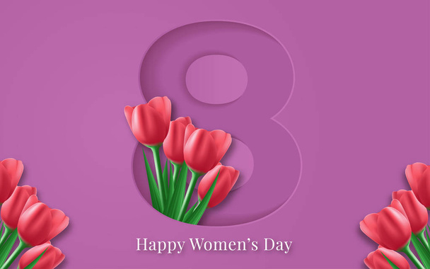 Ευχετήρια κάρτα 8 Μαρτίου για τη διεθνή ημέρα των γυναικών. μπουκέτο με λουλούδια της άνοιξης τουλίπα. Απεικόνιση διανυσματικών φορέων - Διάνυσμα, εικόνα