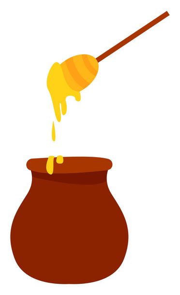 Honey with spoon, illustration, vector on white background. - Vektör, Görsel