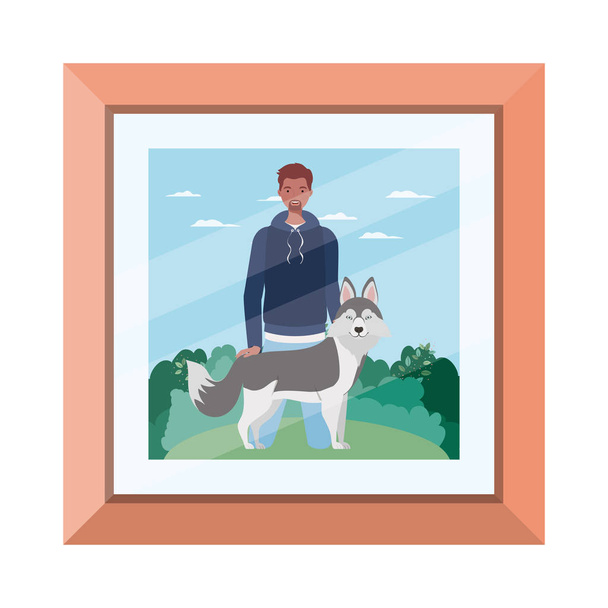picture of young man with cute dog mascot in the camp - Vector, Image