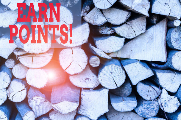 Text sign showing Earn Points. Conceptual photo collecting scores in order qualify to win big prize Background dry chopped firewood logs stacked up in a pile winter chimney. - Photo, Image