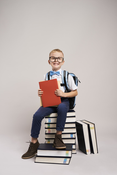 Πορτρέτο του χαμογελαστή παιδί ανάμεσα σε μια στοίβα βιβλίων  - Φωτογραφία, εικόνα