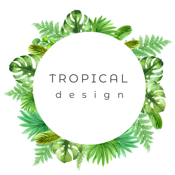 Рамка с акварелью тропических листьев дизайн. Изолированный на белом фоне. Ручная роспись иллюстрации могут быть использованы для логотипа, обои, текстиль, полиграфия, свадебное приглашение
 - Фото, изображение