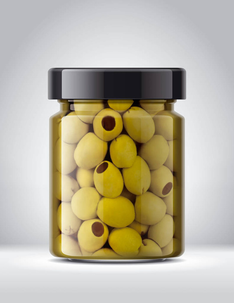 Pot en verre aux olives sur fond
.  - Photo, image