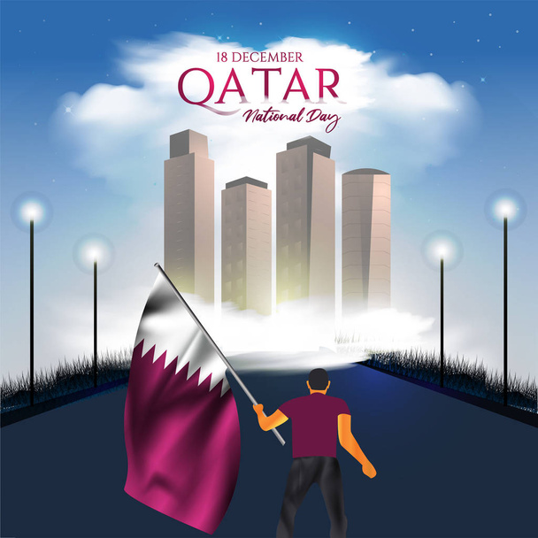 El hombre que sostiene la bandera de Qatar en su mano camina por el camino hacia la ciudad. vector de vacaciones ilustración. Día Nacional de Qatar. Un día festivo nacional celebrando la unión y ganando la independencia Qatar
. - Vector, imagen