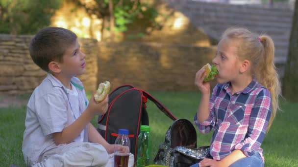jedzenie dzieci z kanapkami w rękach w porze lunchu i rozmowa siedząc na trawniku w szkolnym ogródku - Materiał filmowy, wideo