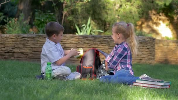 amis affamés drôles sortir rapidement des conteneurs de nourriture à partir de sacs à dos, petit garçon et fille manger un sandwichs assis sur la pelouse dans le parc
 - Séquence, vidéo