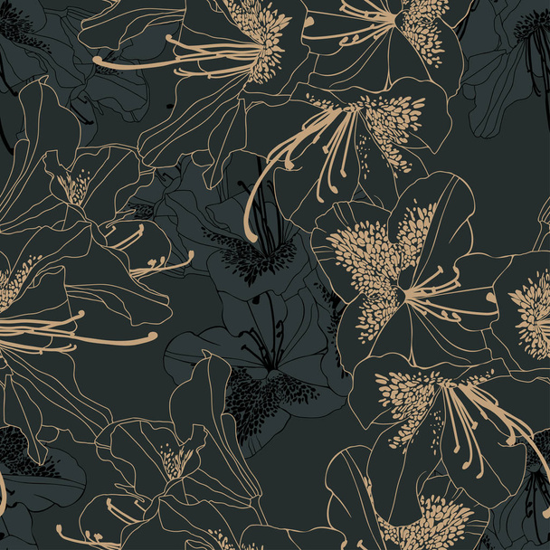 Rhododendron Cosmopolitan flowers in combination of dark green colour and beige and black outline . Seamless vector pattern. - Vector, Image