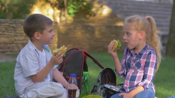 dzieci w wieku szkolnym jedzą kanapki i rozmawiają podczas obiadu siedząc na trawniku w szkolnym ogródku - Materiał filmowy, wideo