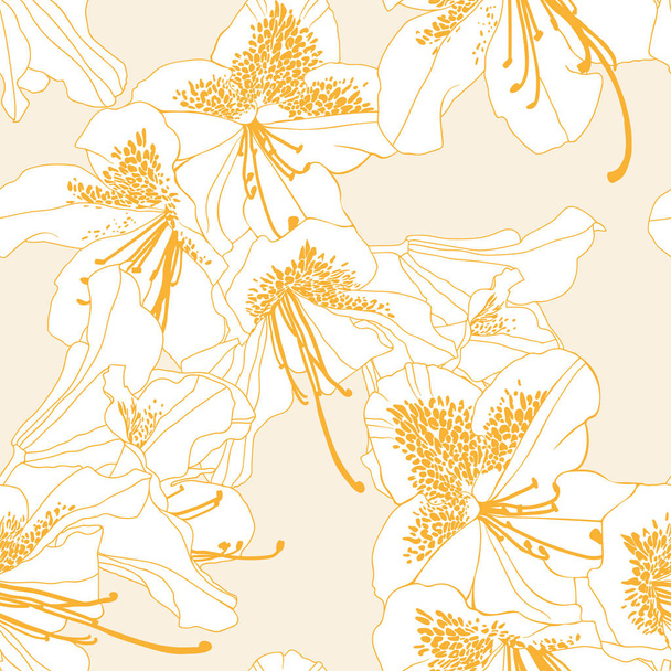白い背景シームレスベクトルパターンに灰色の輪郭を持つ白いロドデンドロンコスモポリタンな花. - ベクター画像