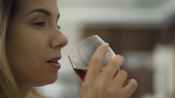Close-up face of adult Caucasian woman drinking red wine from the glass. The lady enjoying alcohol at home or in restaurant. Drinking alcohol, relaxing  - Séquence, vidéo