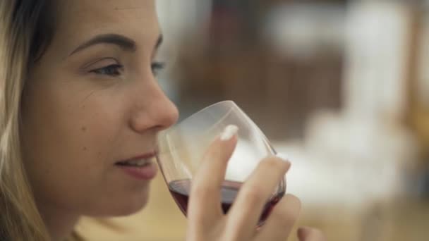 Close-up face of adult caucasian woman drinking red wine from the glass. The lady enjoying alcohol at home or in restaurant. Drinking alcohol, relaxing  - Filmagem, Vídeo