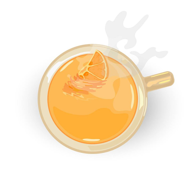 Gele fruitige aromatische thee met schijfje oranje in keramische beker. Top View. - Vector, afbeelding