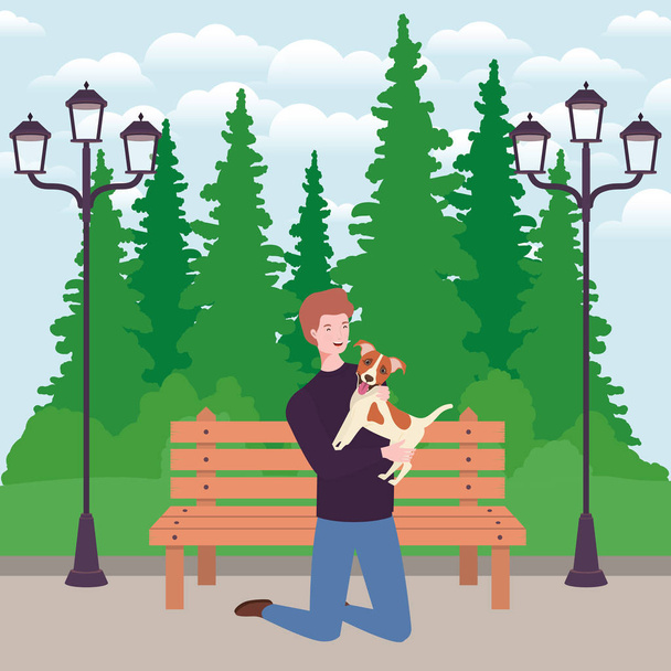 giovane con simpatico cane mascotte nel parco
 - Vettoriali, immagini
