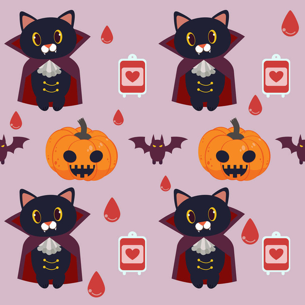 吸血鬼猫と血液バッグとコウモリとカボチャのシームレス  - ベクター画像