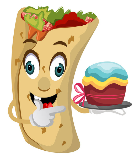 Burrito met taart, illustratie, vector op witte achtergrond. - Vector, afbeelding