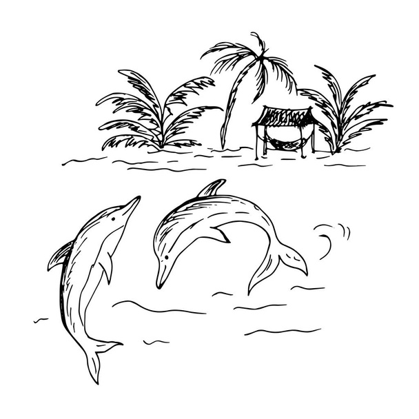 Beach with palm trees and jumping dolphins in the sea. Line drawing. Vector illustration. - Вектор, зображення
