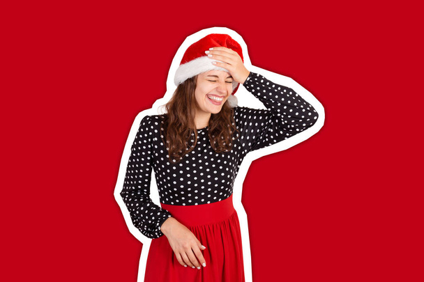 Fabulous joyful woman showing tongue and looking down laughs put hand on forehead. Magazine collage style with trendy color background. holiday concept - Photo, Image