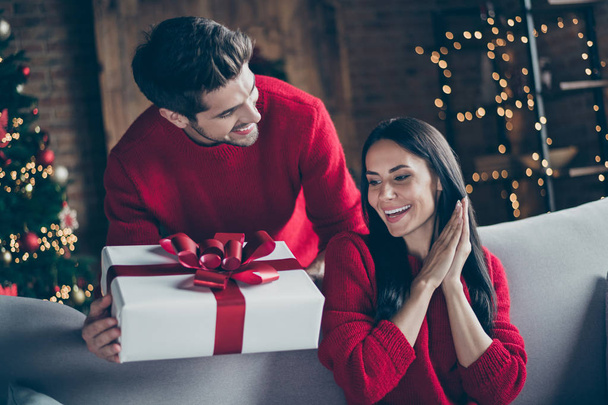 Portrait of two brunet haired romantic couple give new year christmas x-mas present to his lady sit on divan couch in decorative house indoors - Φωτογραφία, εικόνα