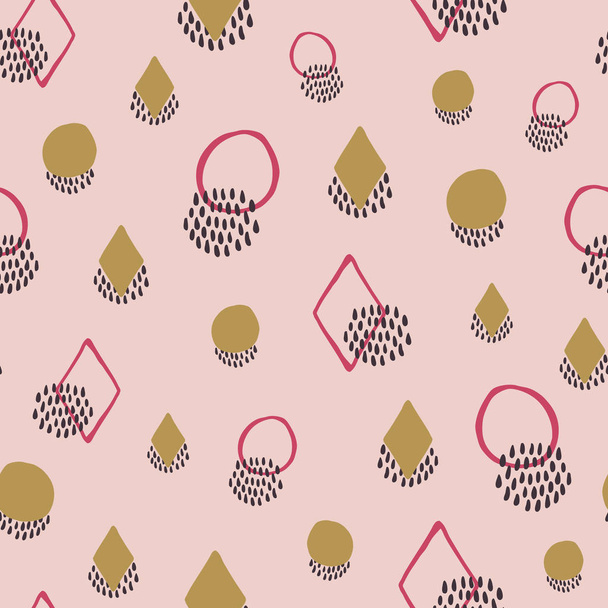 Abstract colorful naive doodle seamless vector pattern with diamond shapes and circles on pink background for fabric, wallpaper, scrapbooking projects or backgrounds. - Vektor, Bild