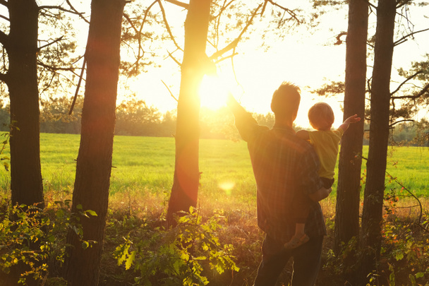 Father holds his toddler son in his arms and they open hands togerher to meet beautiful sunset on the edge of forest. Father's day, happy parenthood, touching family moments.  - Fotografie, Obrázek