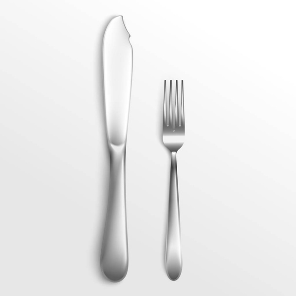 Bestek set van zilveren vork en mes leggen 3D vector illustratie geïsoleerd. - Vector, afbeelding