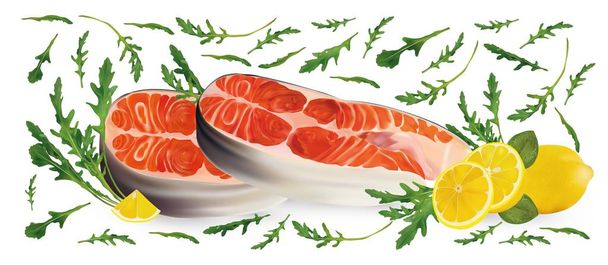 Bifes crus de peixe de salmão com rúcula verde e limão. Peixe vermelho, delicadeza. Filé, bife de salmão fresco. Salada e frutos do mar. Ilustração vetorial 3D isolada em fundo branco
. - Vetor, Imagem
