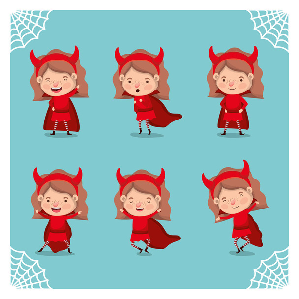 cute little girls with devils costumes - Vector, Image