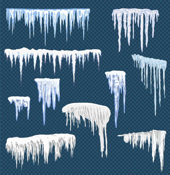 Gerçekçi kar sarkıtları. Üstünde kar maskesi olan buz saçağı. Kış karları yılbaşı kartları tasarımının sınırlarını belirler. Buz gibi karlı hava çerçeveleri, buzlu donmuş işaret vektörü izole edilmiş simgeler - vektör - Vektör, Görsel