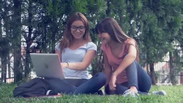imágenes de las colegialas que trabajan con el ordenador portátil en la hierba en la escuela secundaria - Metraje, vídeo