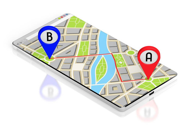 3D-Smartphone, Karte - Routen- / Entfernungskonzept - Foto, Bild