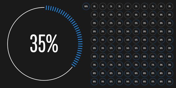 Set di diagrammi percentuali cerchio metri da 0 a 100 pronto all'uso per la progettazione web, interfaccia utente UI o infografica - indicatore con blu - Vettoriali, immagini