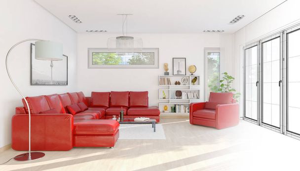 Renderização 3d de um loft moderno com um grande sofá vermelho - wireframe
 - Foto, Imagem