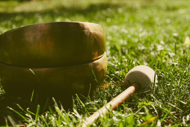 Two acoustic Nepalese bowls with a shock stick lie on the grass. - Zdjęcie, obraz
