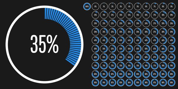 Webデザイン、ユーザーインターフェイスUI 、またはインフォグラフィックのための0から100までのサークルパーセント図メーターのセット – 青色のインジケータ - ベクター画像