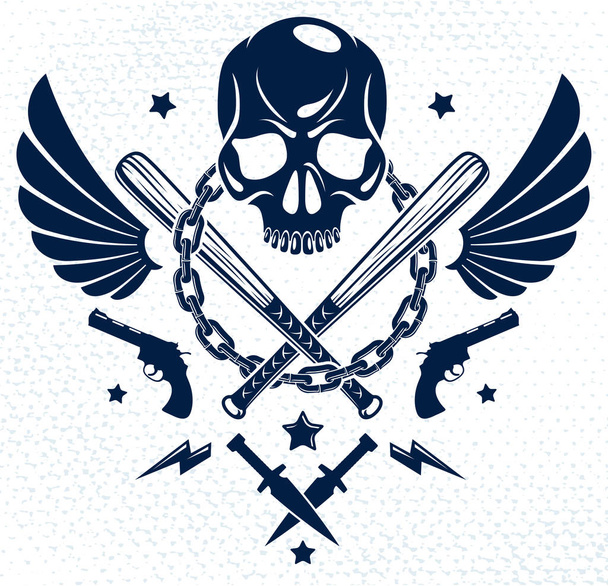 Criminele tatoeage, bende embleem of logo met agressieve schedel baseb - Vector, afbeelding