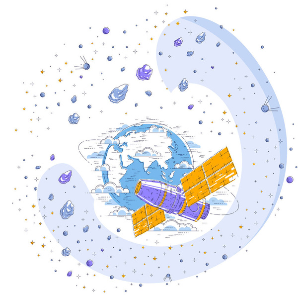 Űrállomás kering a Föld körül, űrrepülés, űrhajók Spa - Vektor, kép
